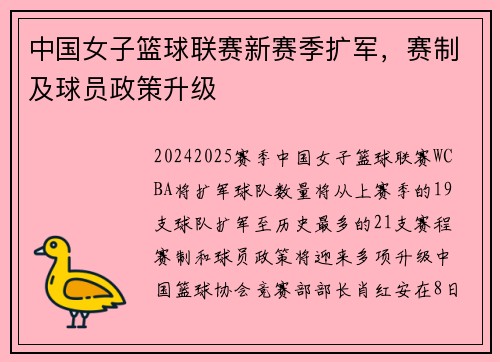 中国女子篮球联赛新赛季扩军，赛制及球员政策升级